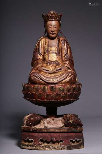 Qing Dynasty, carved wood lacquer gold crown Guanyin statue