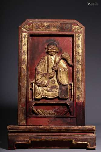 wood lacquered gold"Master Hui'an"statue screen