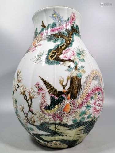 Enamel painted flower and bird melon-shaped vase