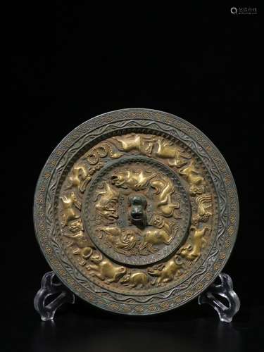 Qing Dynasty. Gilt Bronze Cast Bronze Mirror with Twelve Zod...