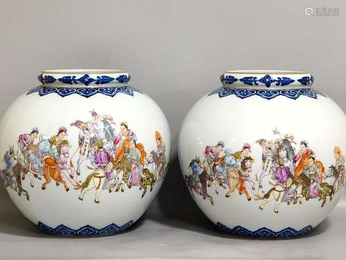 Pair of Pastel Character Minghuang Picture Jar