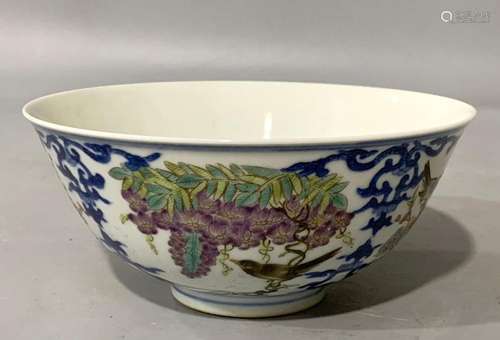 Blue and white window pastel flower and bird bowl