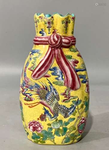 Enamel colorful phoenix wearing peony burden vase