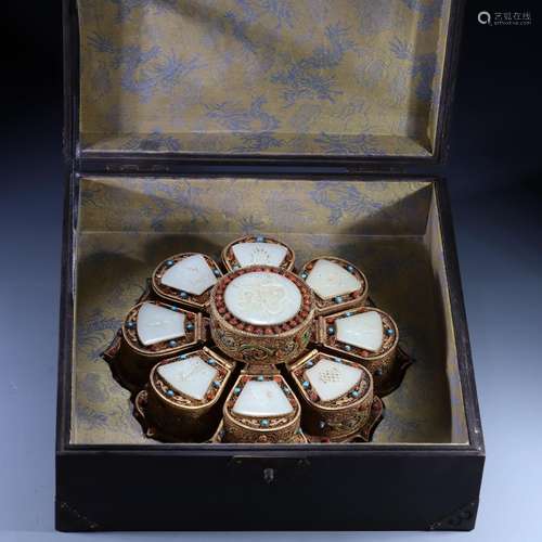 Hetian Jade White Jade Inlaid Silver Gilt Eight Treasure Box