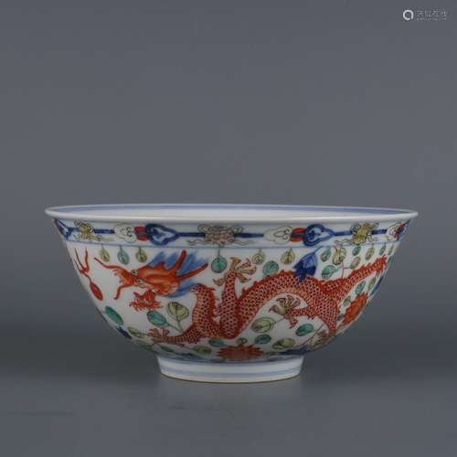 Blue and white colorful dragon and phoenix bowl