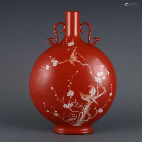 Red-glazed white flower and bird pattern Ruyi ear flat bottl...