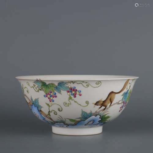 Pastel bowl with squirrel and grape pattern over the wall