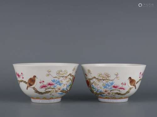Pair of pastel flower and bird pattern bowls