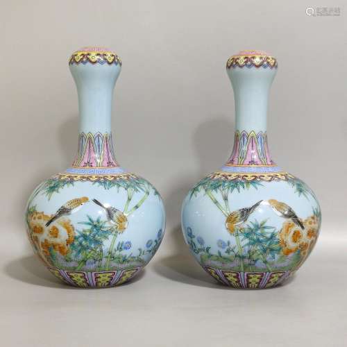 Pair of Azure Glazed Flower and Bird Garlic Vases