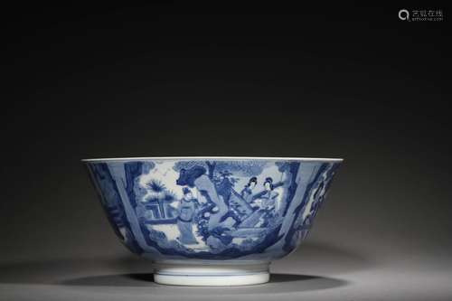 A QING KANGXI PERIOD BLUE AND WHITE FIGURAL BOWL