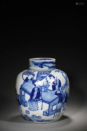 A QING KANGXI PERIOD BLUE AND WHITE FIGURAL JAR