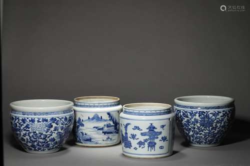 A SET OF FOUR QING BLUE AND WHITE ITEM