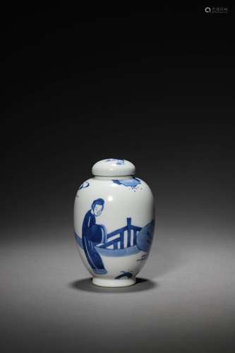 A QING KANGXI PERIOD BLUE AND WHITE FIGURAL JAR