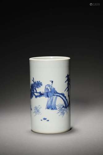 A MING BLUE AND WHITE FIGURAL BRUSH POT