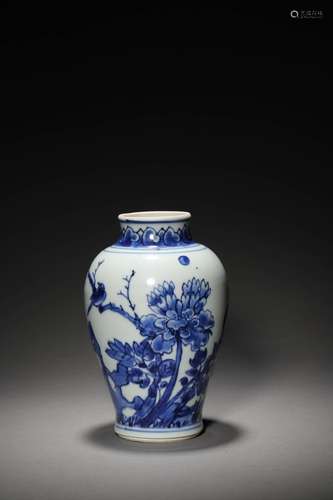 A MING BLUE AND WHITE BIRD AND FLORAL VASE