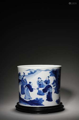 A QING KANGXI PERIOD BLUE AND WHITE BRUSH POT