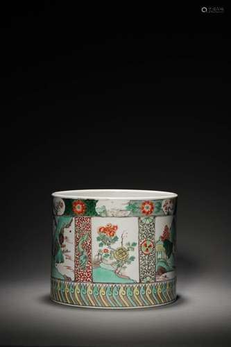 A QING KANGXI PERIOD WUCAI BRUSH POT