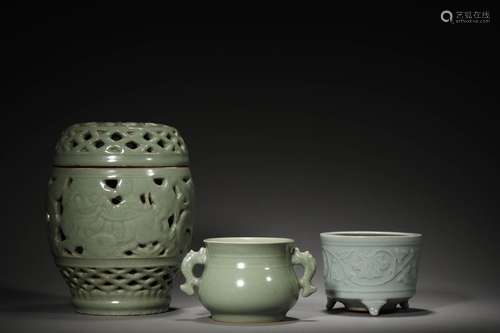 A SET OF THREE YUAN CELADON ITEMS