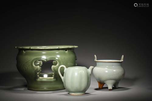 THREE YUAN CELADON ITEMS