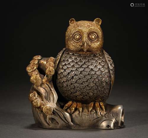 Late Qing Dynasty Gilt Owl Ornament