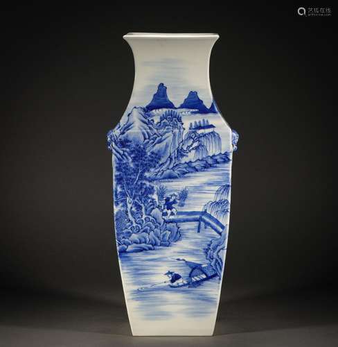 Qing Dynasty blue and white square landscape bottle