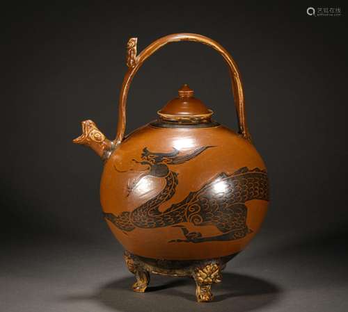 Pre-Ming Three-legged Sauce Color Glazed Dragon Pattern Pot