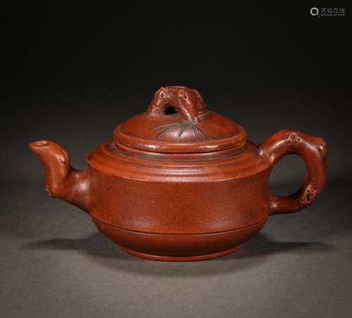 Painted Bamboo and Purple Clay Teapot by Shao Daheng