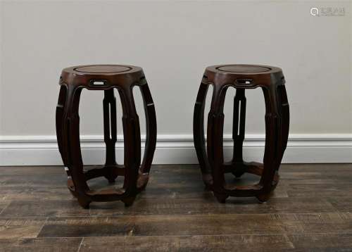 2 Chinese rosewood 1970's pair of drum stools