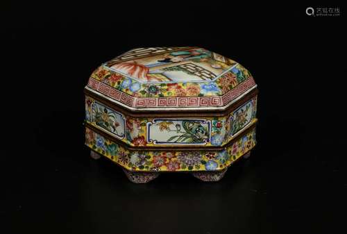 20th Century Bronze Painted Enamel Hexagonal Lid Box