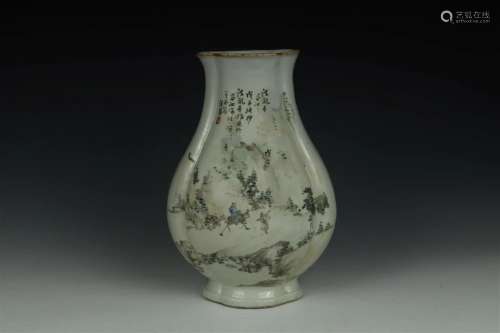 Qianjiang Famille Rose Landscape Vase - signature Wang Fan