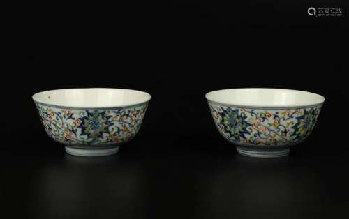 Pair Doucai Lotus and Tendril Bowls, Guangxu Marks and possi...