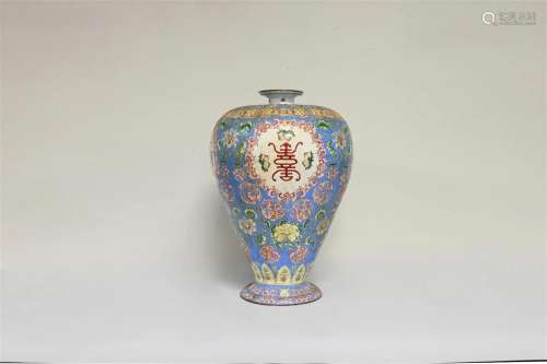 Canton Enamel “SHOU” Longevity Pattern Blue Ground Vase