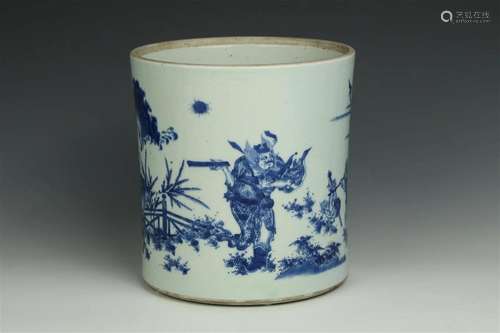 Blue and White Zhongkui and Demons Brushpot, bitong, 17th ce...