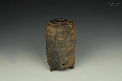 Tripod Granary Model Pottery Jar with Banding, Han Dynasty 2...