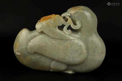 Massive Celadon Carved Jade Duck and Lingzhi Fungus Group