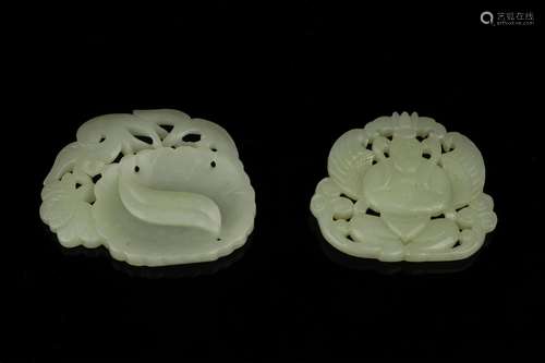 (2) Pierced and Carved Celadon Jade Plaques, Lotus and Heave...