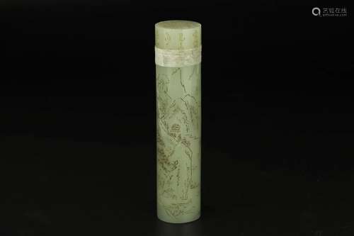 Celadon Jade Incised Landscape and Calligraphy Incense Holde...