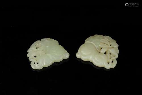 Married Pair of Celadon and White Jade Tiger Plaques (2)