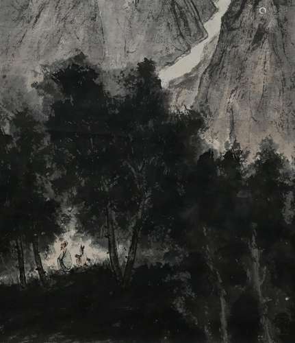 “Ask the Dao” Ink on Paper Landscape Hanging Scroll - Fu Bao...