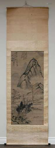 “Landscape” Ink on Paper Hanging Scroll Painting - signed Ga...