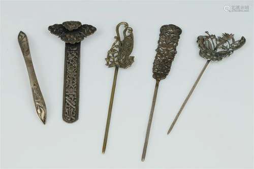 Silver Hair Ornaments and Headdress Pins (5), Qing Dynasty t...