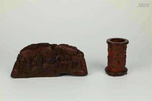 Scholars Desk Ornaments, Carved Pen Holder and Brush Pot, bi...