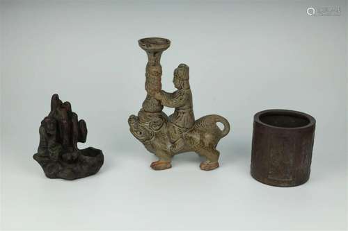 Zisha Yixing Brush Holder, Brush Pot, AND Yueyao Glaze Figur...