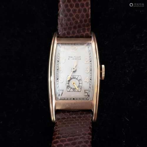 1938 12J 10K Gold filled Waltham wristwatch with genuine lea...