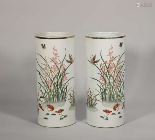 A pair of Qing Dynasty flower and bird hat barrels