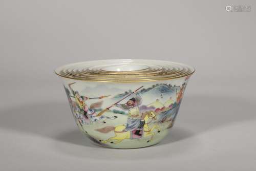 Ten sets of cups with pastel colored stories of the Three Ki...