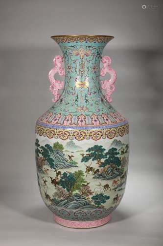 A Qing Dynasty pastel colored large bottle with 100 deer and...