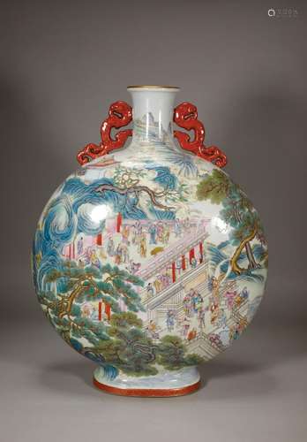 A Qing Dynasty pastel figure holding a moon vase