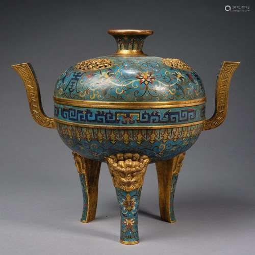 Qing Dynasty filigree enamel color tripod furnace