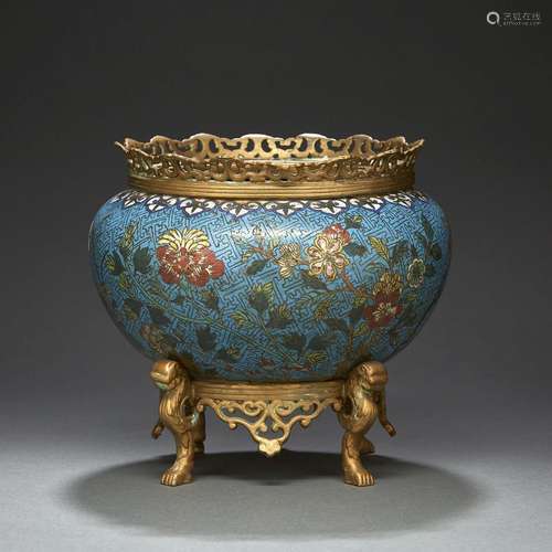 COUPE en bronze et émaux cloisonnés polychromes sur fond ble...